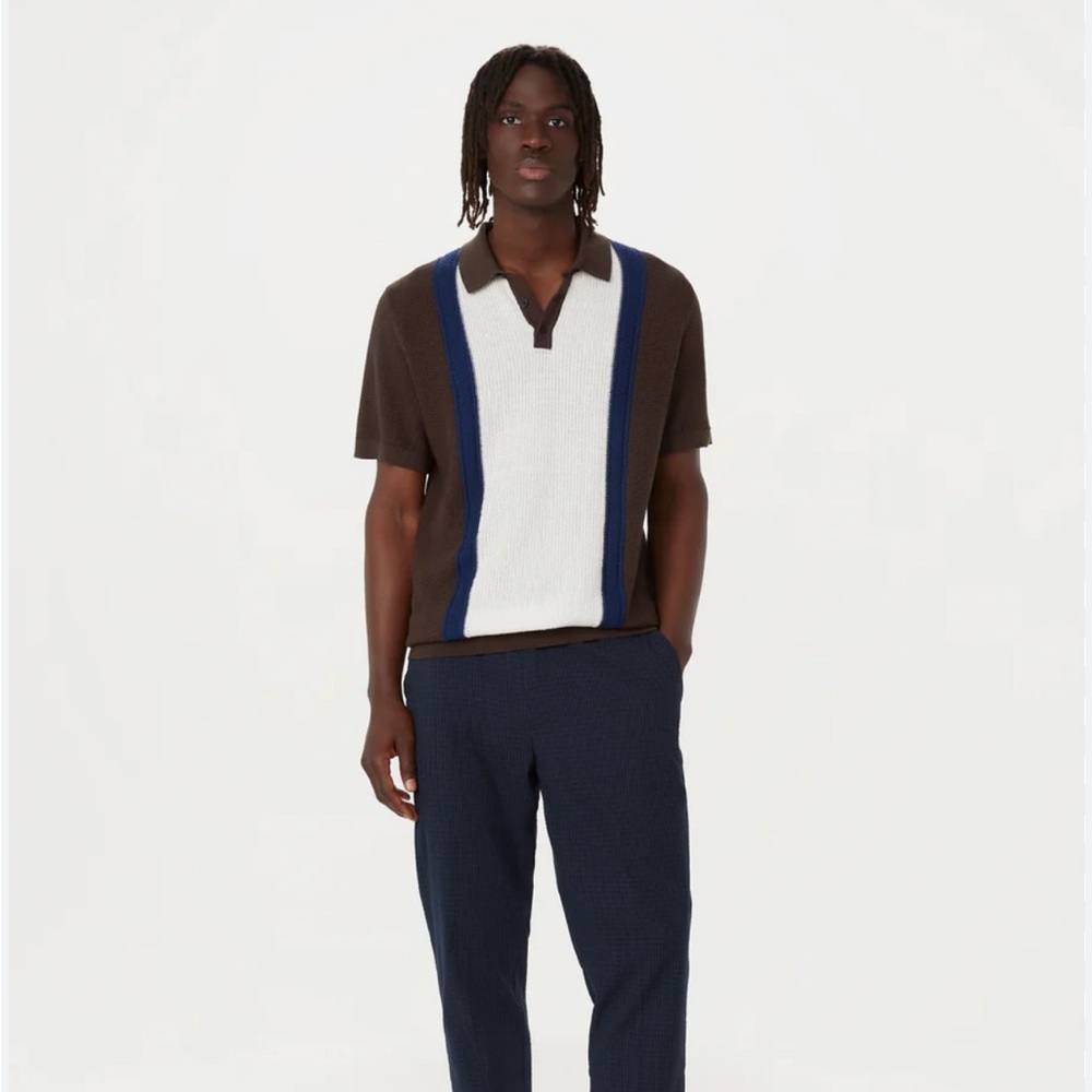 Frank & Oak_Brown and White Polo Shirt with Blue Stripes
